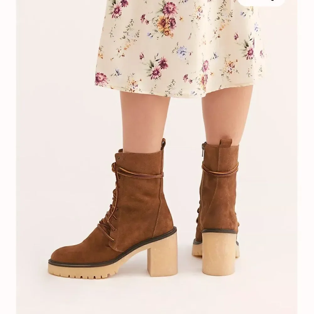 Free People Dylan Lace-Up Boots Platform Heel Brown Suede NWOB EU 40 US 10